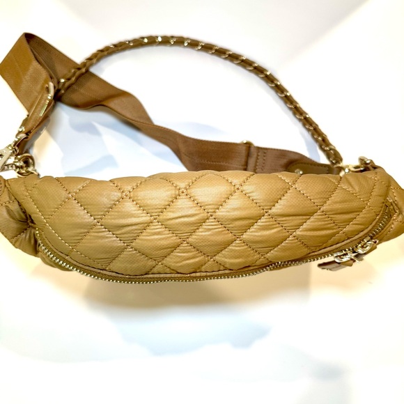 MZ Wallace Small Crosby Sling Bag In Caramel Tan Quilted Nylon W Gold Accents - Picture 7 of 13